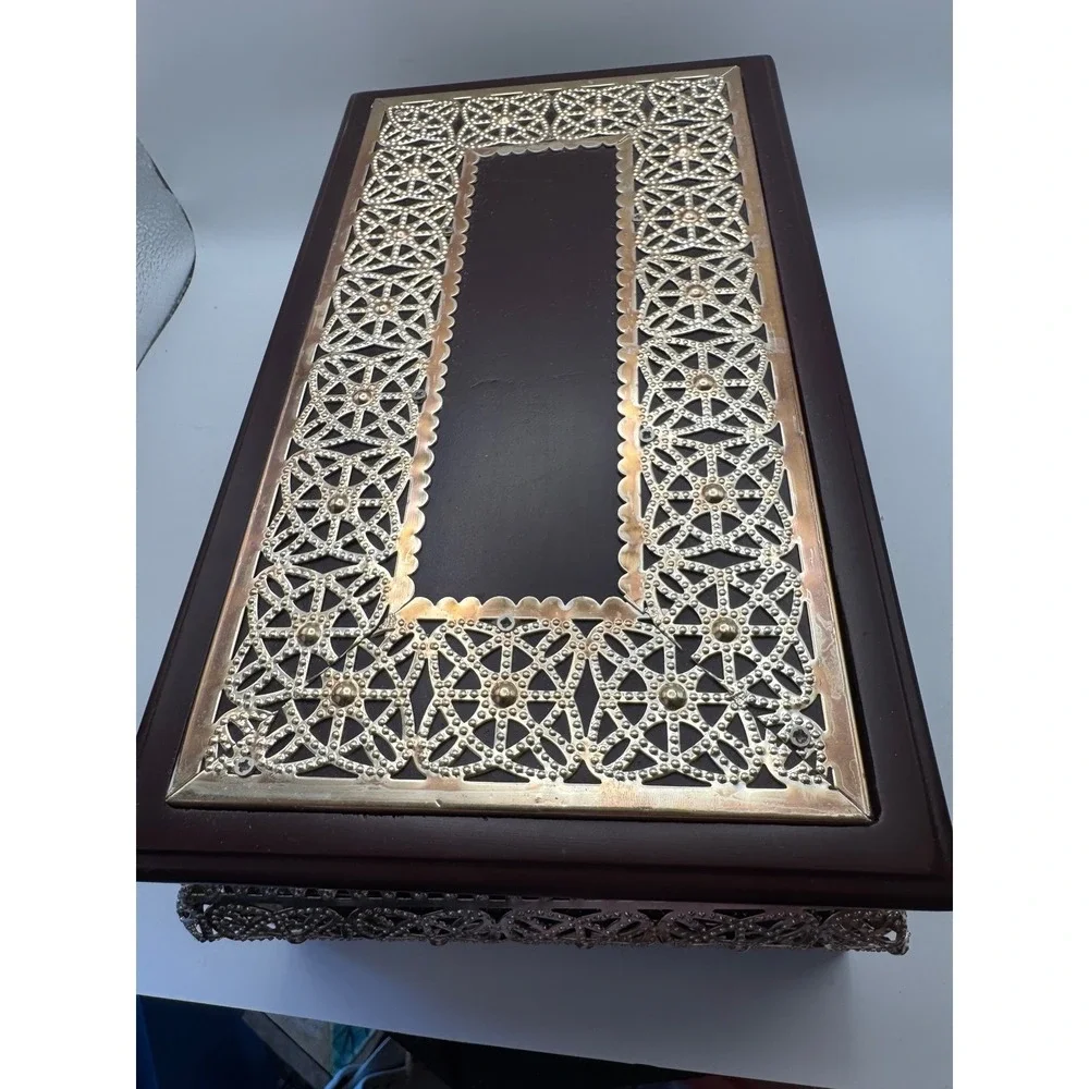 Elegant Wooden Jewelry Box with Ornate Metal Accents and Mirror